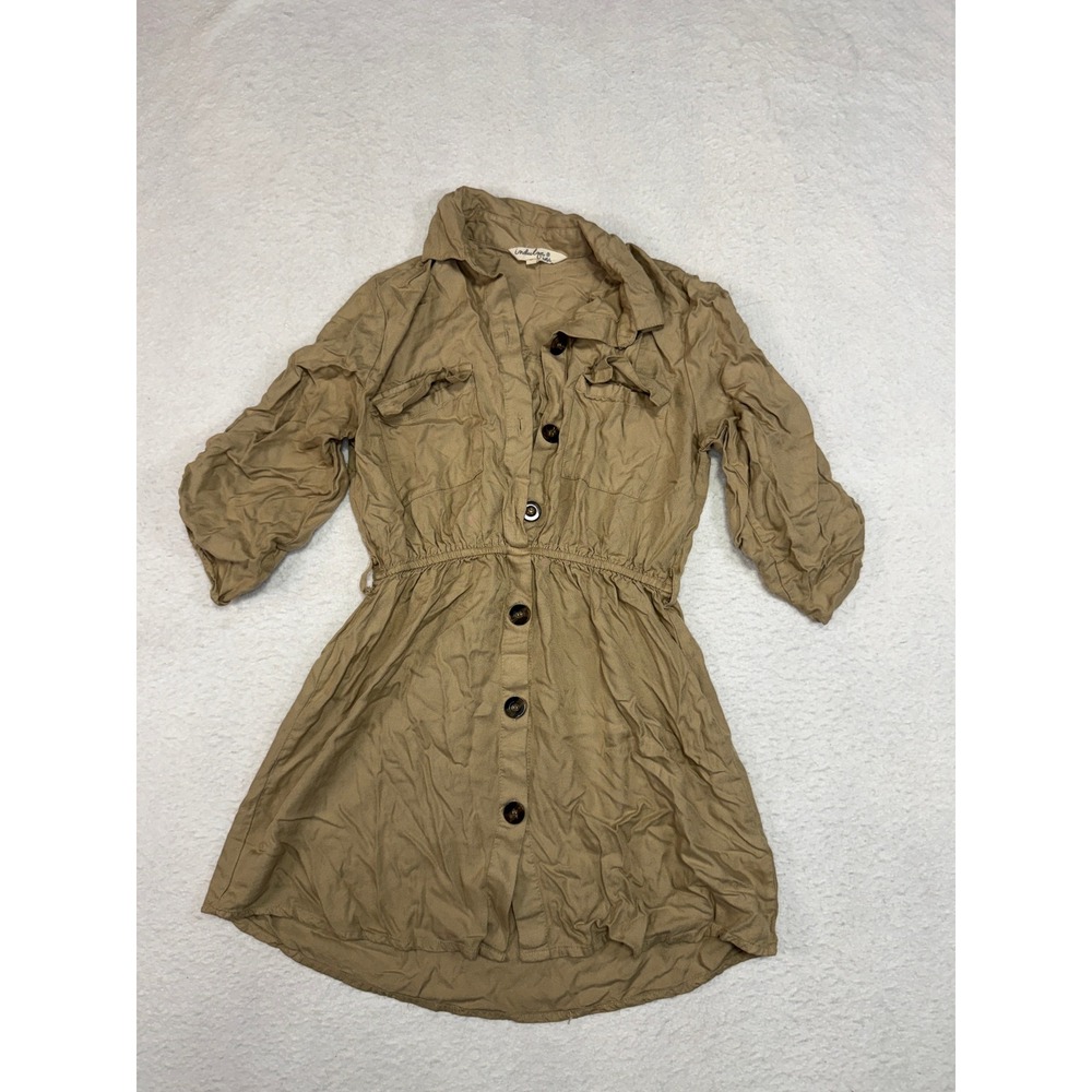 Indulge In Style Tan Khaki Button Down Utility Shirt Dress Roll Tab Sleeve S